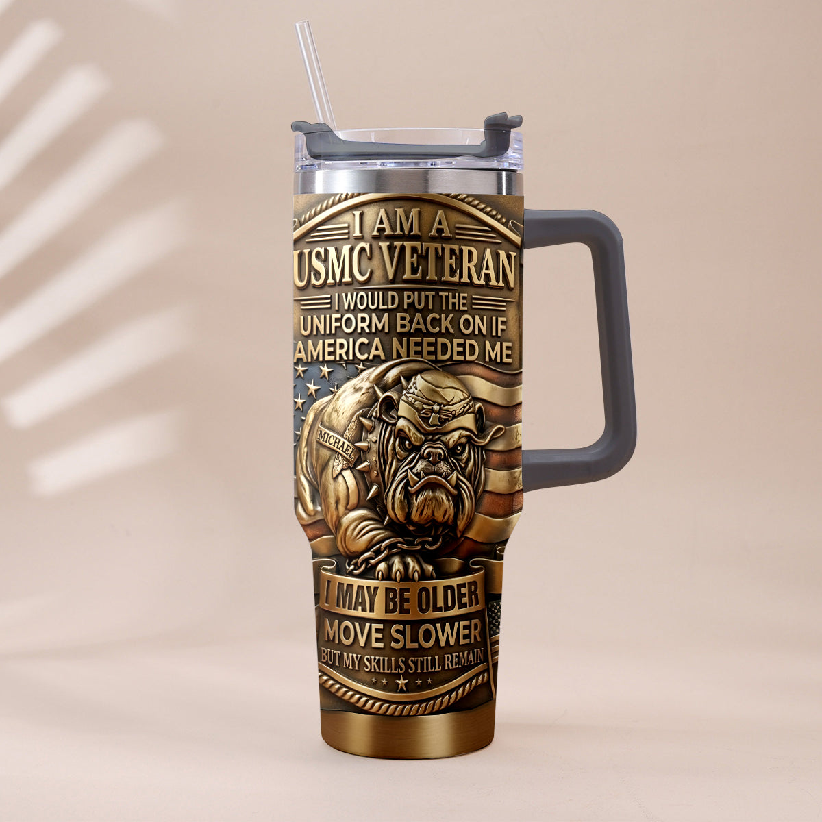 Semper Fidelis Bulldog - Personalized Veteran Tumbler With Handle