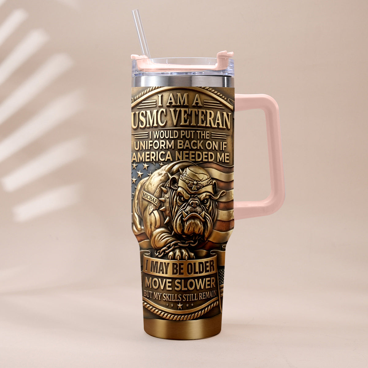 Semper Fidelis Bulldog - Personalized Veteran Tumbler With Handle