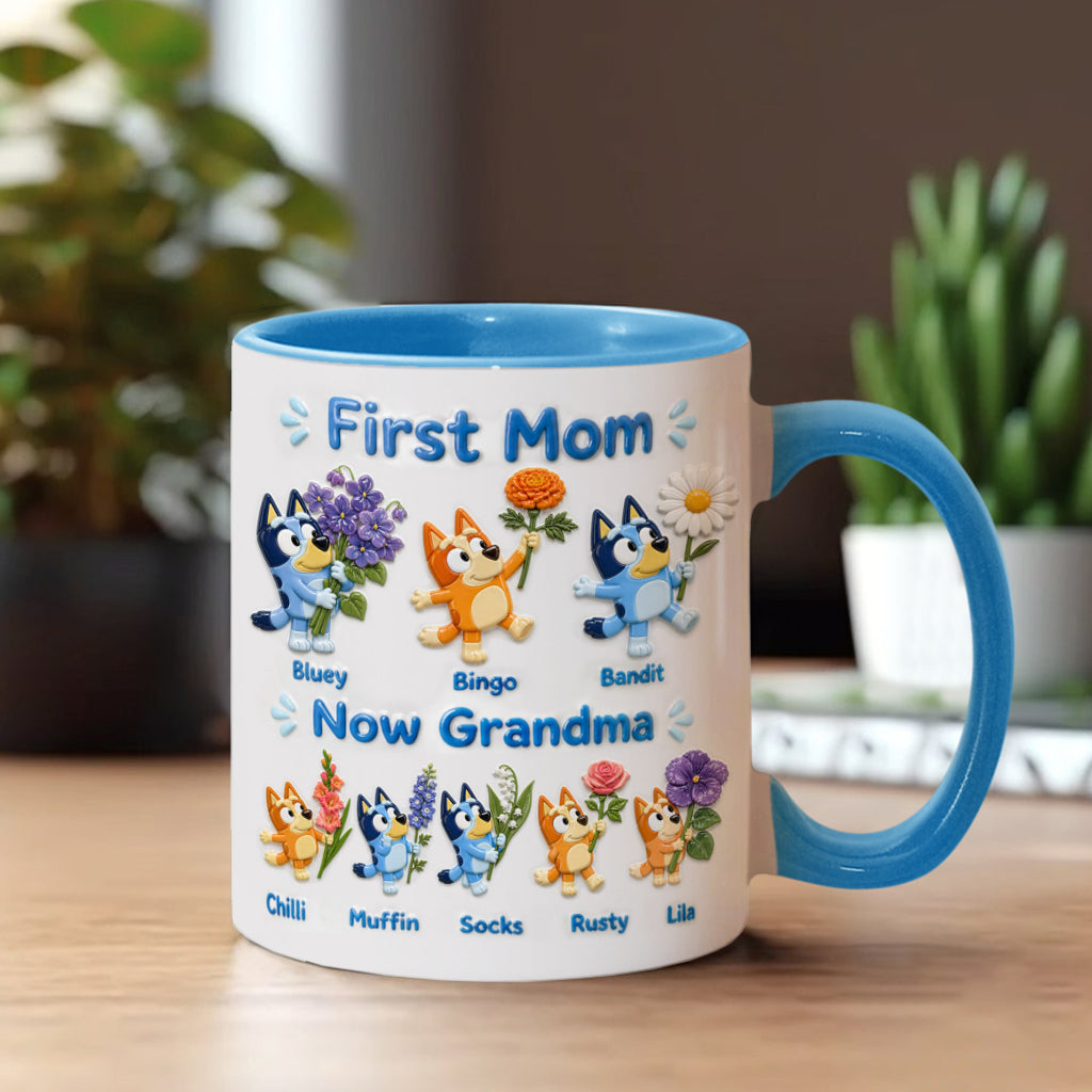 First Mom, Now Grandma - Personalized Blue Dog Accent Mug