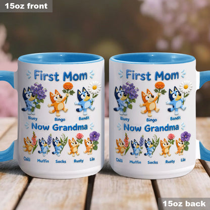First Mom, Now Grandma - Personalized Blue Dog Accent Mug