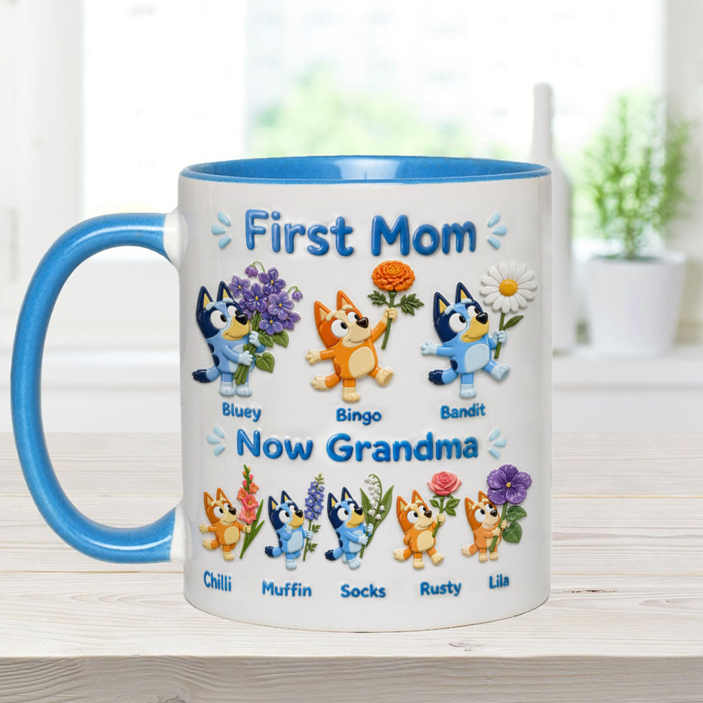 First Mom, Now Grandma - Personalized Blue Dog Accent Mug