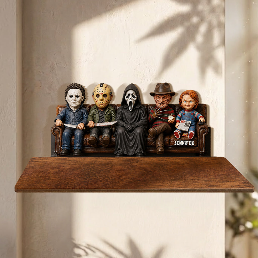 In This House We Love Horror Movies - Personalized Horror Character Wooden Floating Shelf