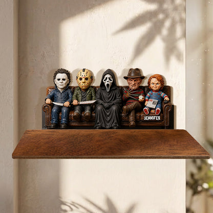 In This House We Love Horror Movies - Personalized Horror Character Wooden Floating Shelf