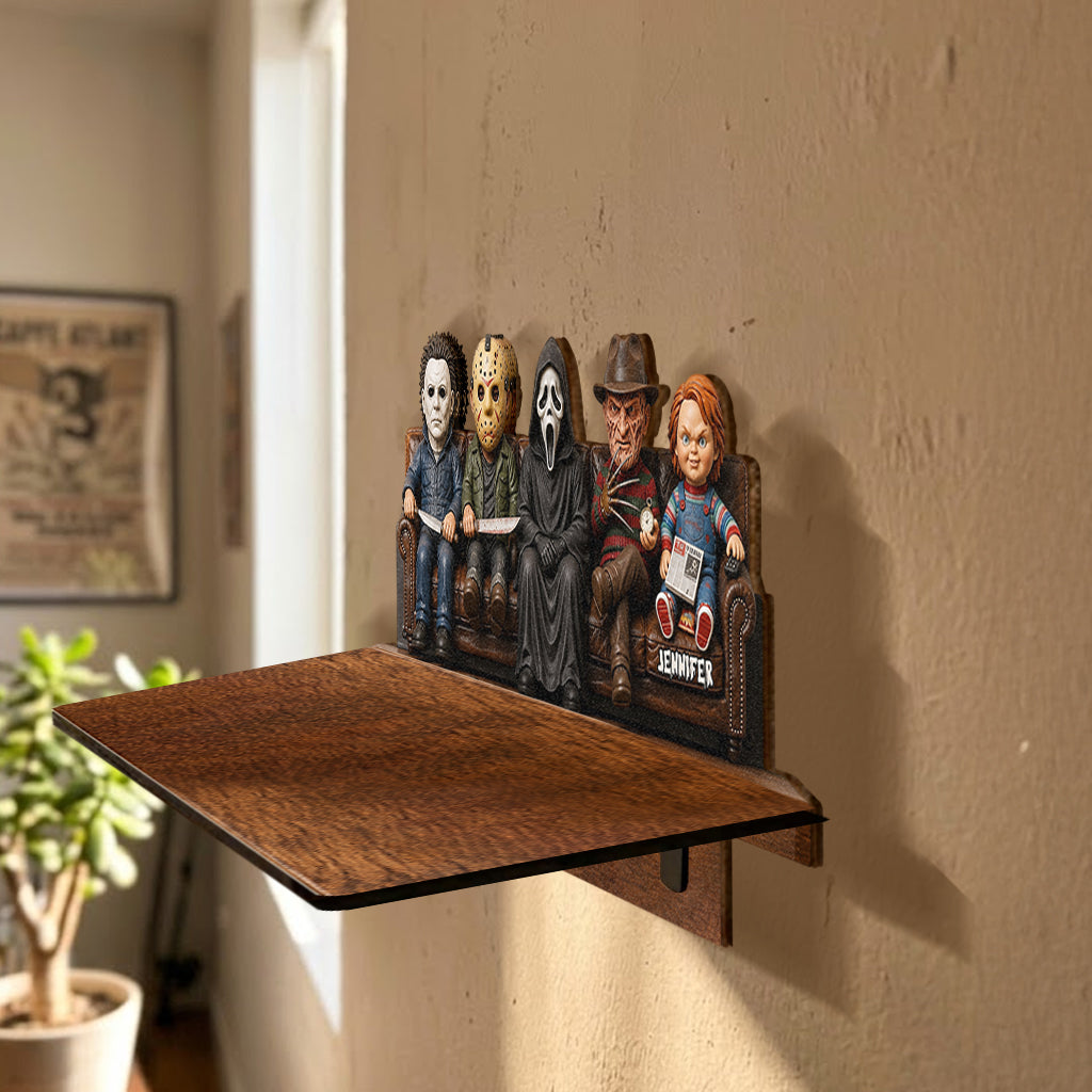 In This House We Love Horror Movies - Personalized Horror Character Wooden Floating Shelf