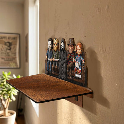 In This House We Love Horror Movies - Personalized Horror Character Wooden Floating Shelf