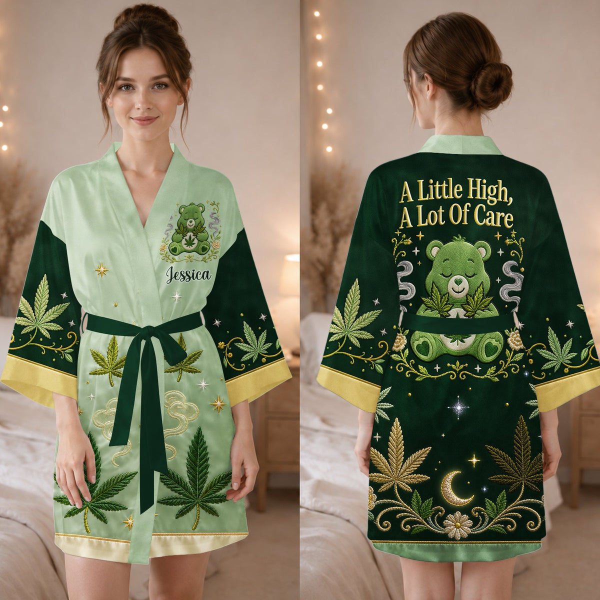 A Lot Of Care - Personalized Weed Satin Robe