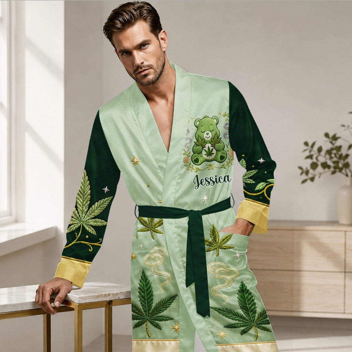 A Lot Of Care - Personalized Weed Satin Robe