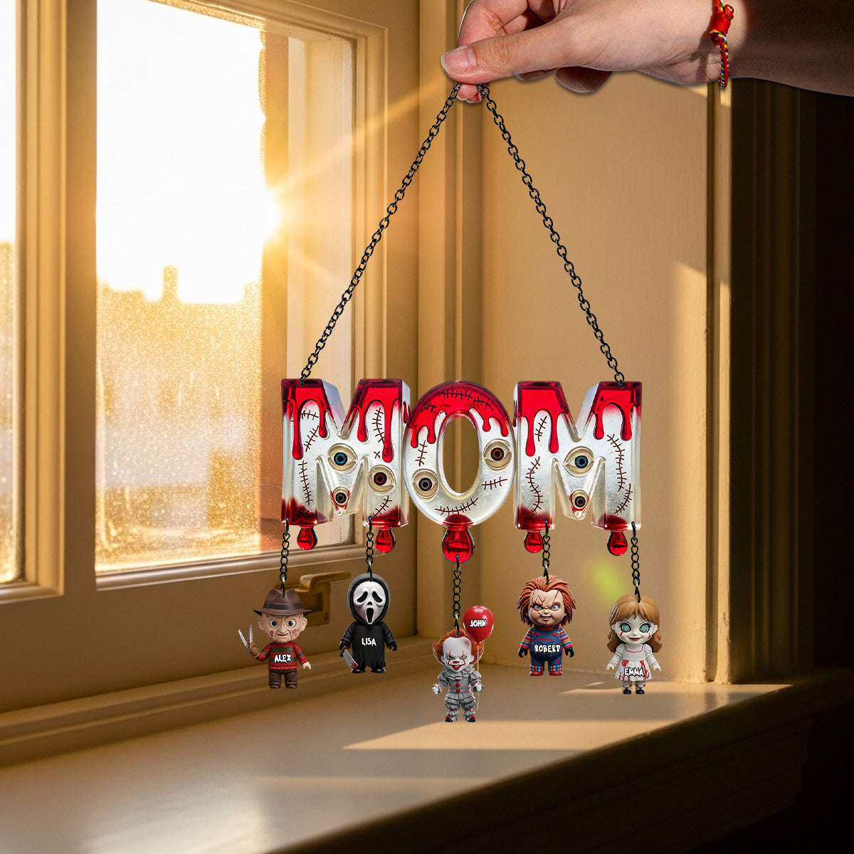 Mom Of Little Horrors - Personalized Horror Character Window Hanging Suncatcher With Custom Charms