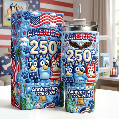Cute Blue Cartoon USA 250th Anniversary - Personalized Blue Dog Tumbler With Handle