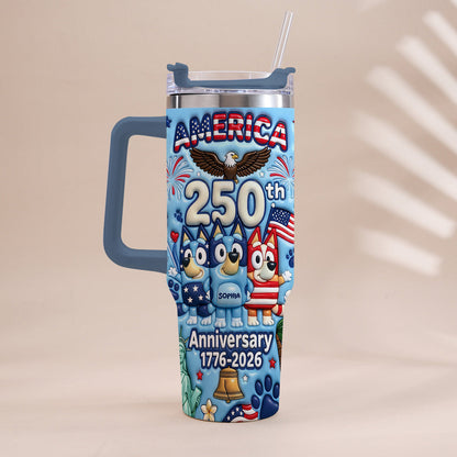 Cute Blue Cartoon USA 250th Anniversary - Personalized Blue Dog Tumbler With Handle