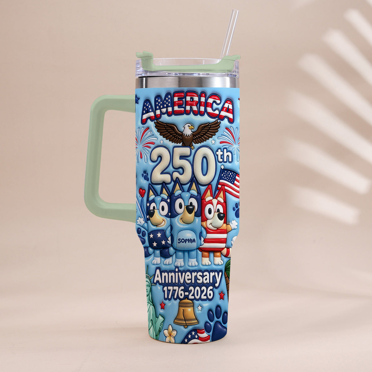 Cute Blue Cartoon USA 250th Anniversary - Personalized Blue Dog Tumbler With Handle
