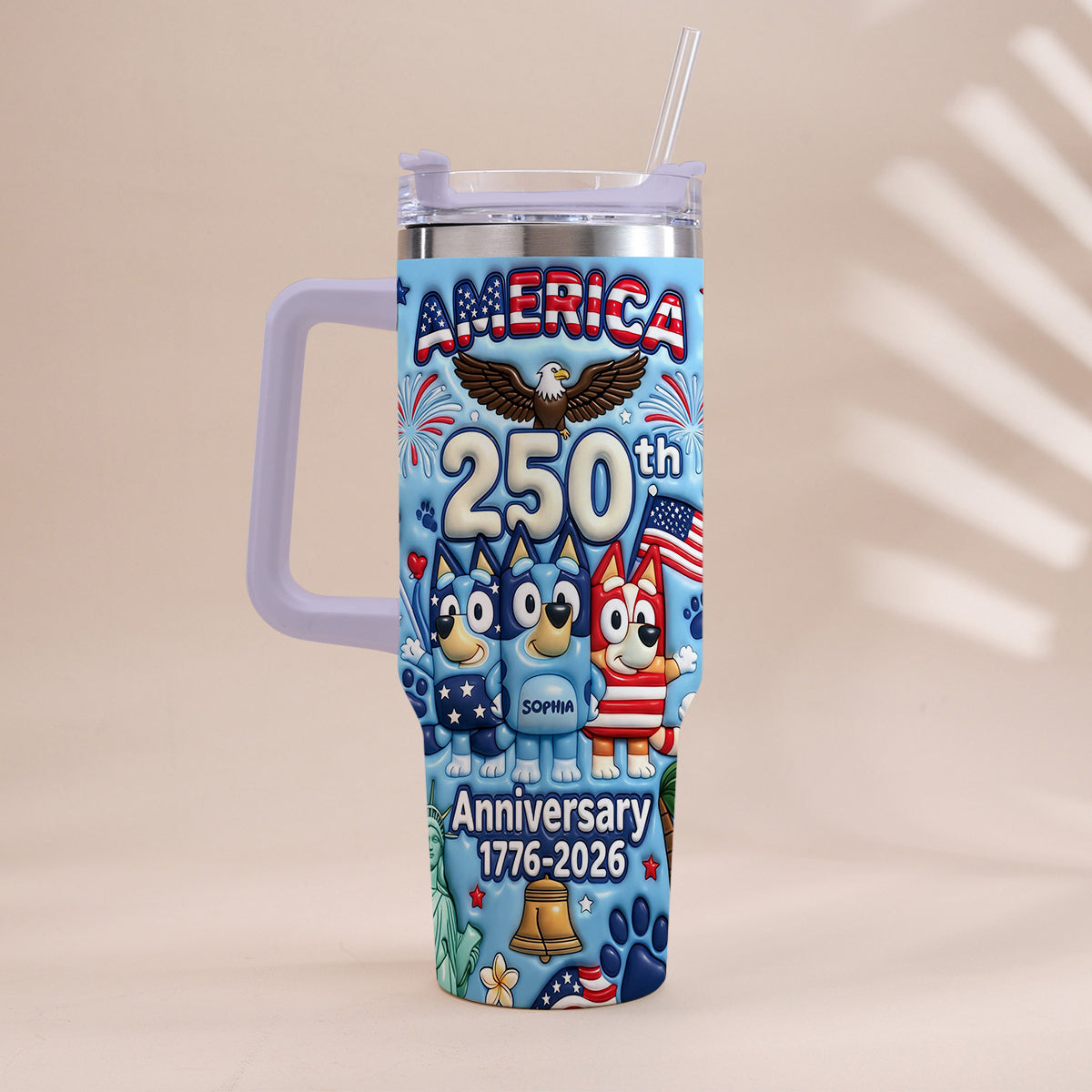 Cute Blue Cartoon USA 250th Anniversary - Personalized Blue Dog Tumbler With Handle