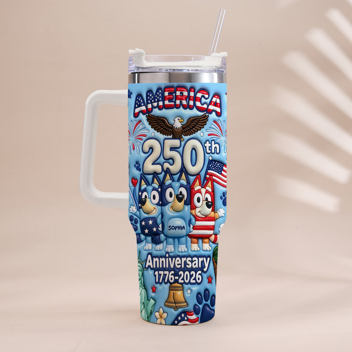 Cute Blue Cartoon USA 250th Anniversary - Personalized Blue Dog Tumbler With Handle