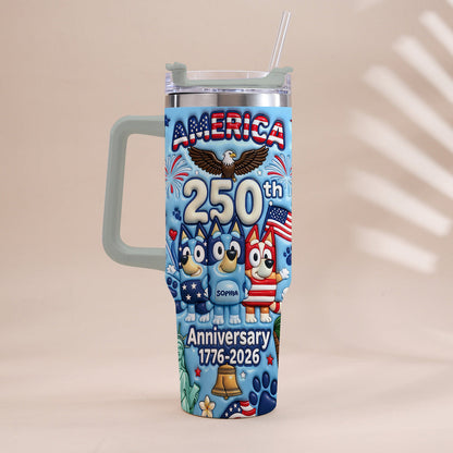 Cute Blue Cartoon USA 250th Anniversary - Personalized Blue Dog Tumbler With Handle