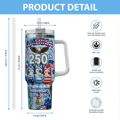 Cute Blue Cartoon USA 250th Anniversary - Personalized Blue Dog Tumbler With Handle