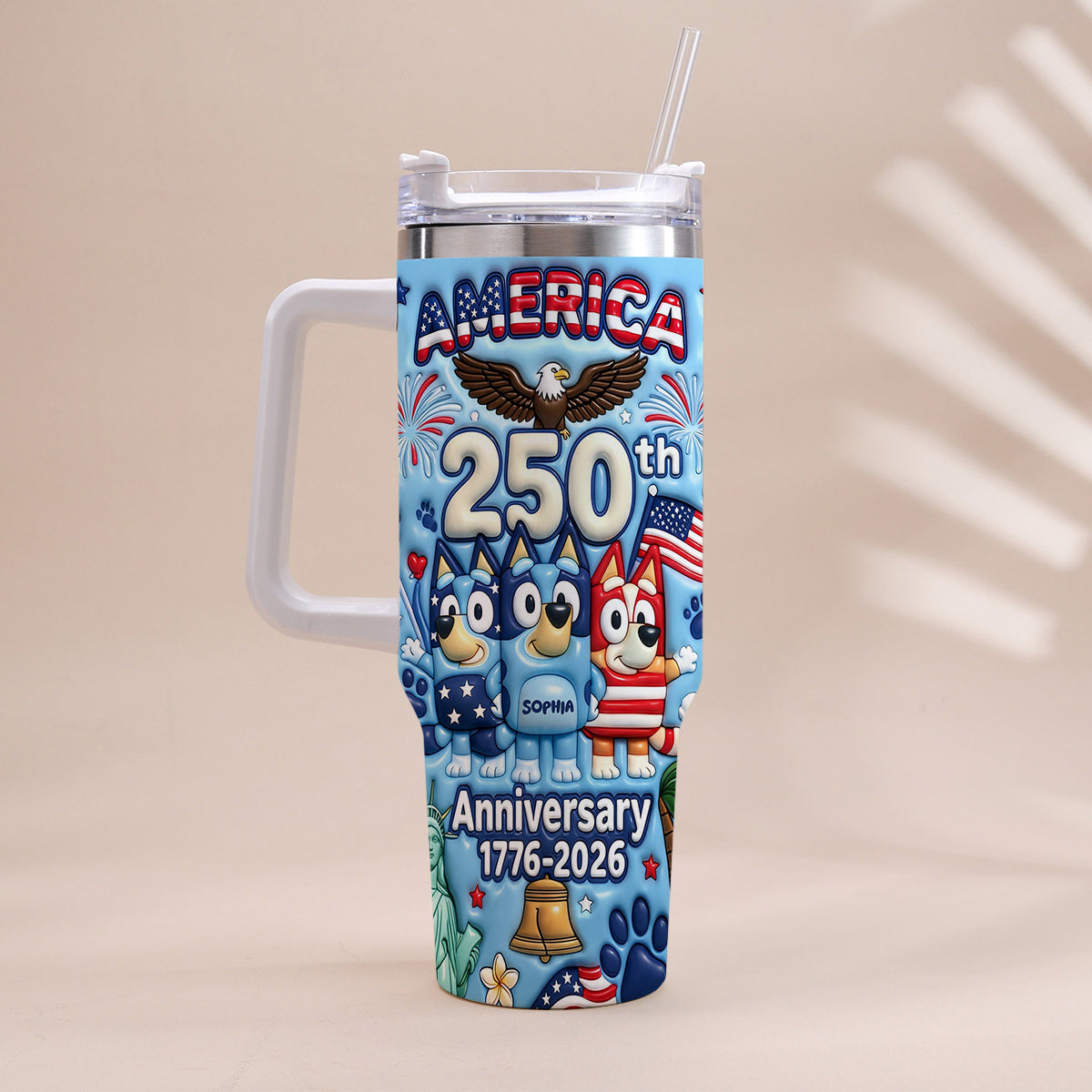 Cute Blue Cartoon USA 250th Anniversary - Personalized Blue Dog Tumbler With Handle