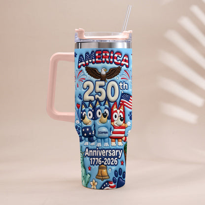 Cute Blue Cartoon USA 250th Anniversary - Personalized Blue Dog Tumbler With Handle