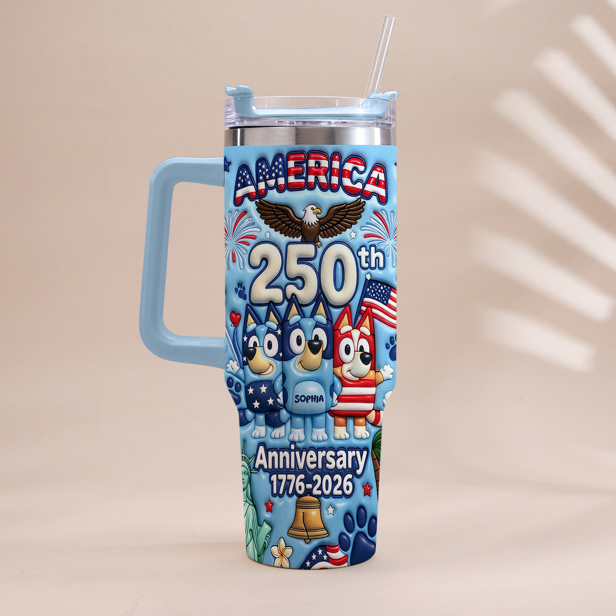 Cute Blue Cartoon USA 250th Anniversary - Personalized Blue Dog Tumbler With Handle