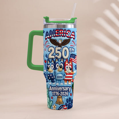Cute Blue Cartoon USA 250th Anniversary - Personalized Blue Dog Tumbler With Handle