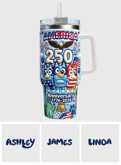 Cute Blue Cartoon USA 250th Anniversary - Personalized Blue Dog Tumbler With Handle