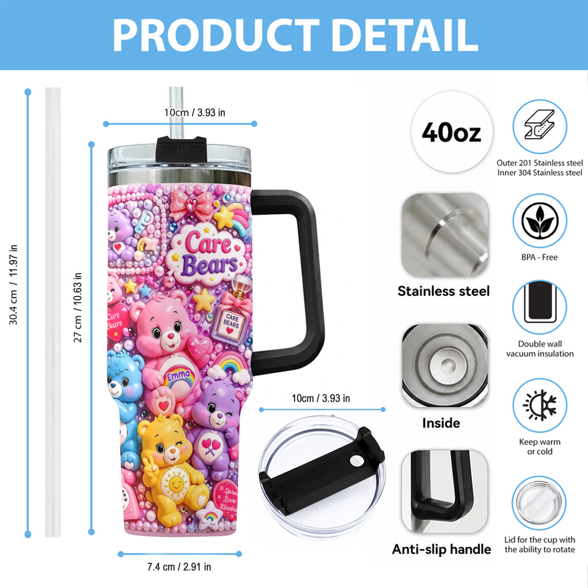 Cute Bears - Personalized Carebear Tumbler With Plush Charm