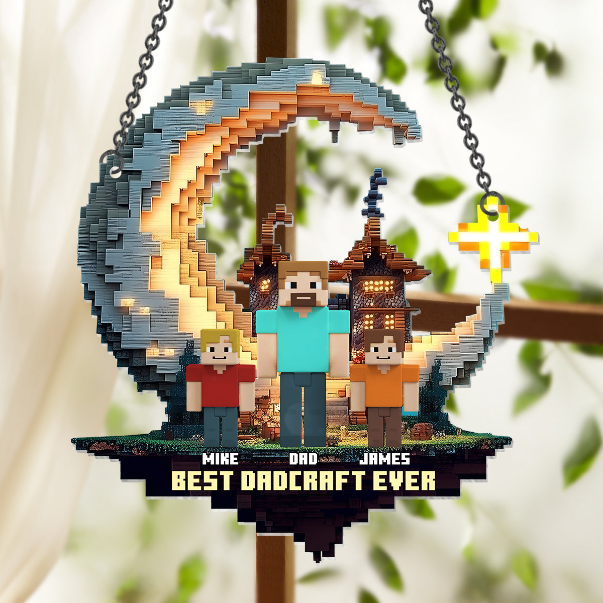 Dadcraft, Father's Day Gift For Game Dad - Personalized Block World Window Hanging Suncatcher Ornament