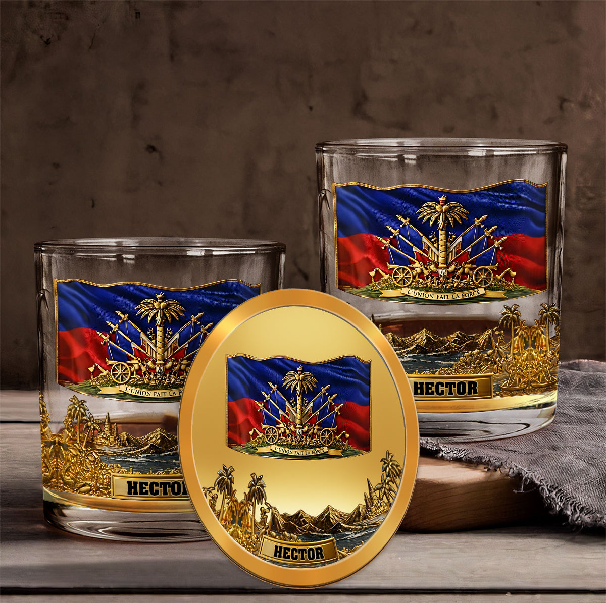 Haiti Coat Of Arms - Personalized Expats Whiskey Decanter Set