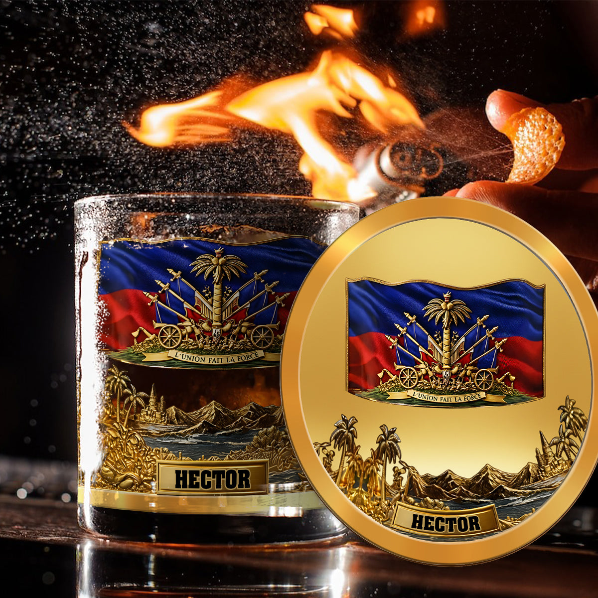 Haiti Coat Of Arms - Personalized Expats Whiskey Decanter Set