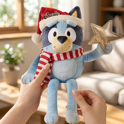 Christmas Time - Personalized Blue Dog Posable Plush Doll
