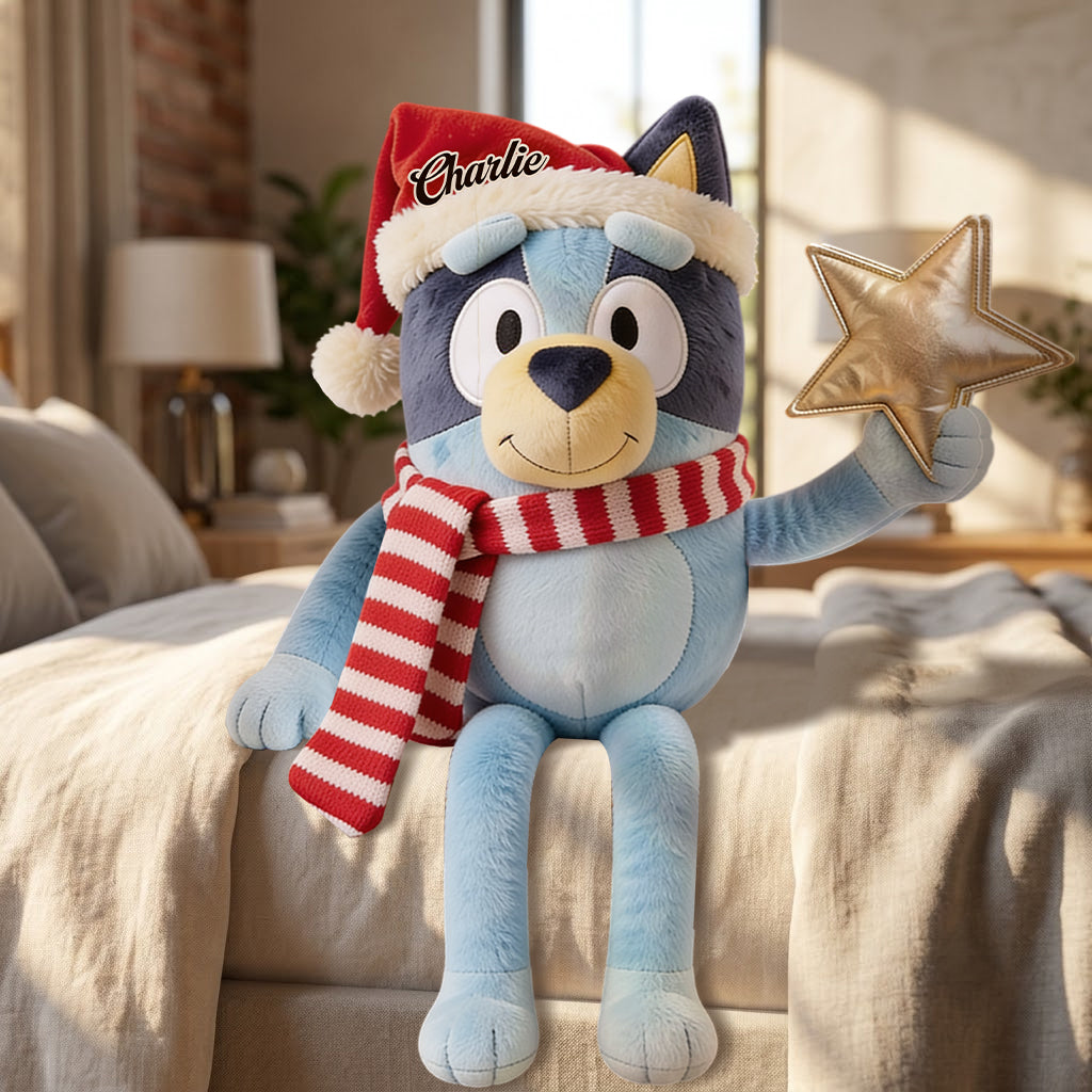Christmas Time - Personalized Blue Dog Posable Plush Doll