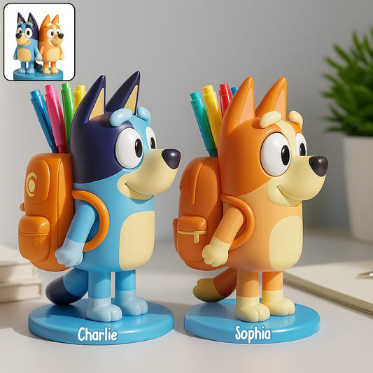 Lovely Australian Cattle Dog Cartoon - Personalized Blue Dog Wooden Pen Holder