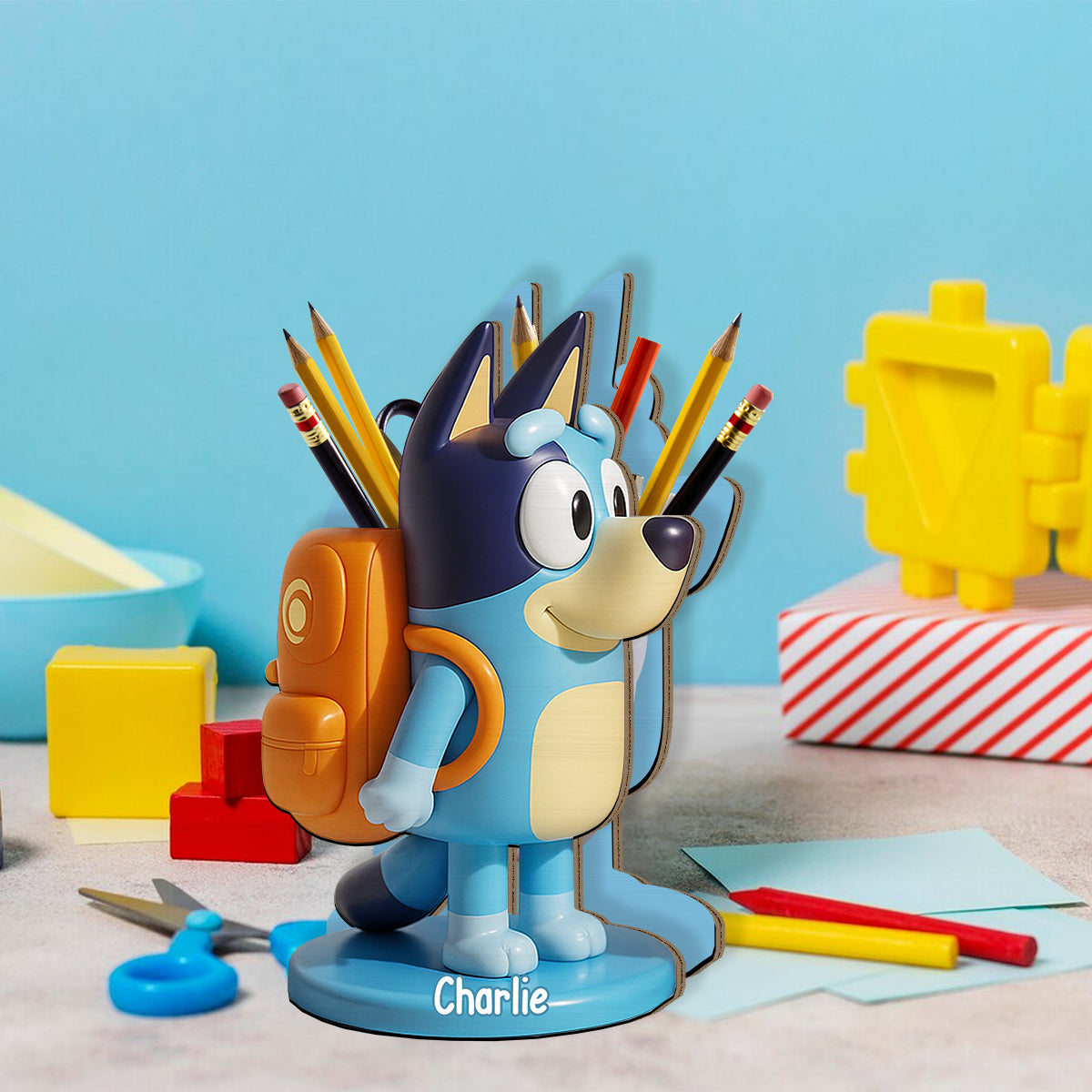 Lovely Australian Cattle Dog Cartoon - Personalized Blue Dog Wooden Pen Holder