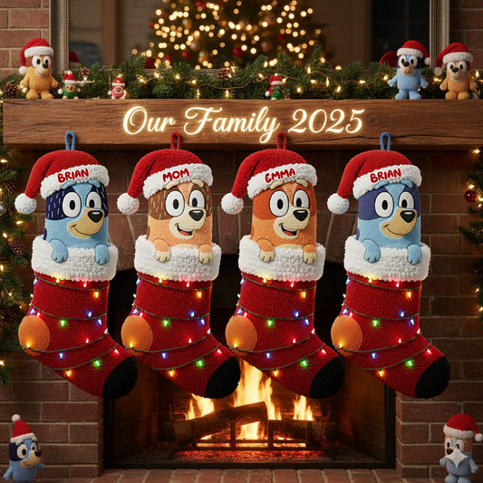 Rockin' Around The Christmas Tree - Personalized Blue Dog Shaped Christmas Stocking