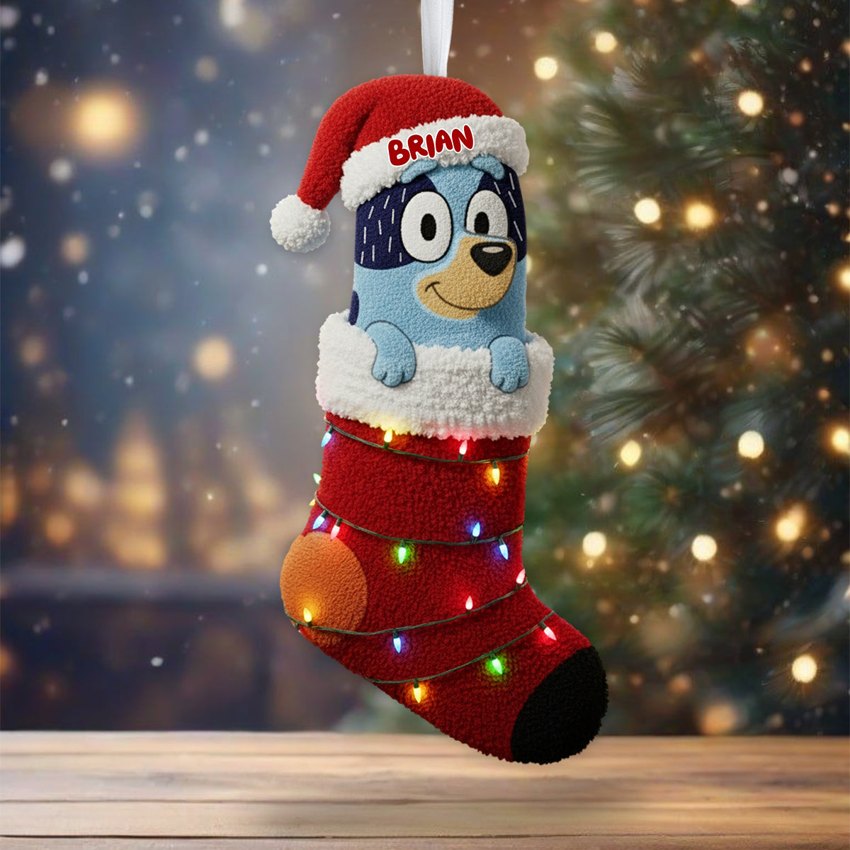 Rockin' Around The Christmas Tree - Personalized Blue Dog Shaped Christmas Stocking