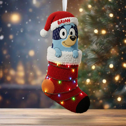 Rockin' Around The Christmas Tree - Personalized Blue Dog Shaped Christmas Stocking