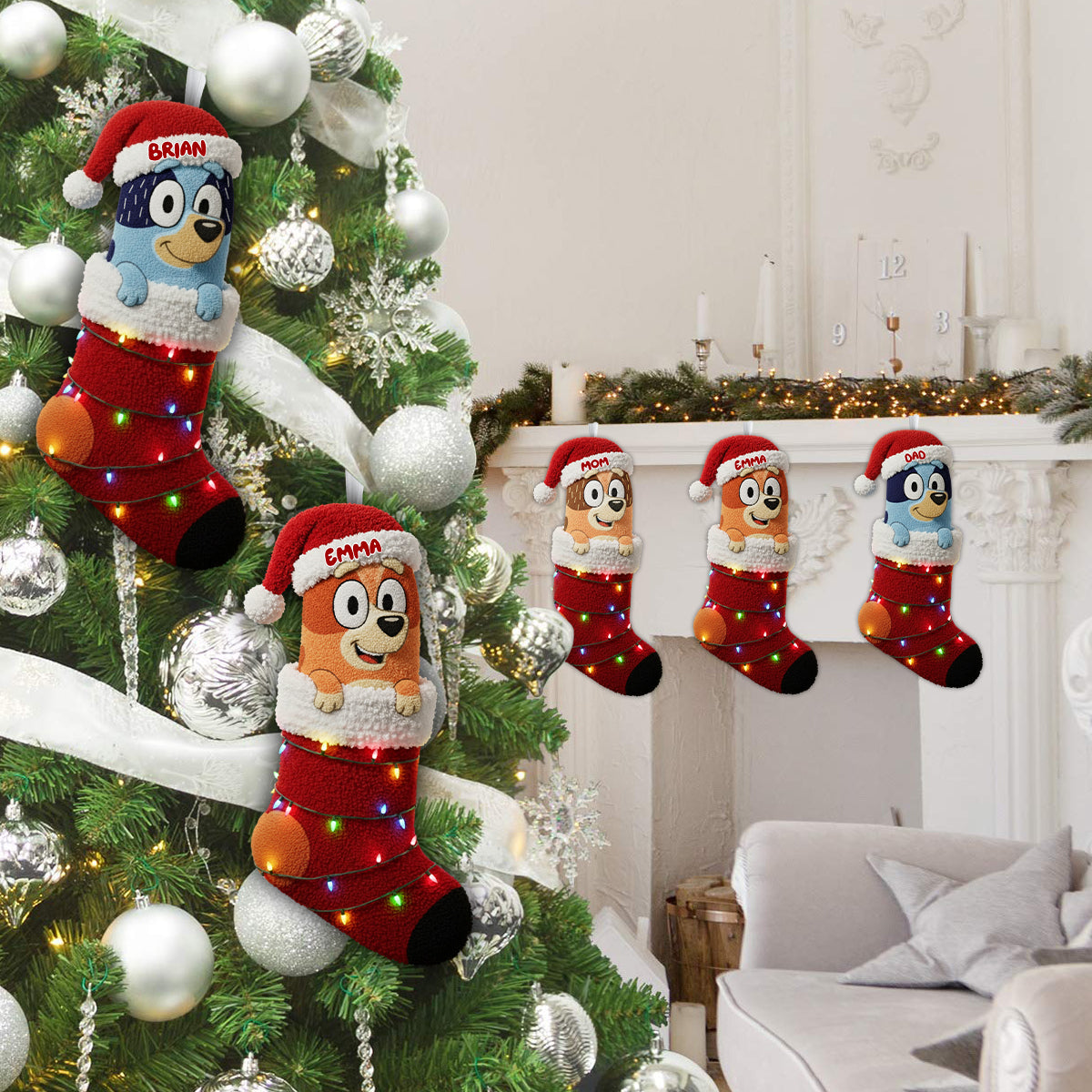 Rockin' Around The Christmas Tree - Personalized Blue Dog Shaped Christmas Stocking