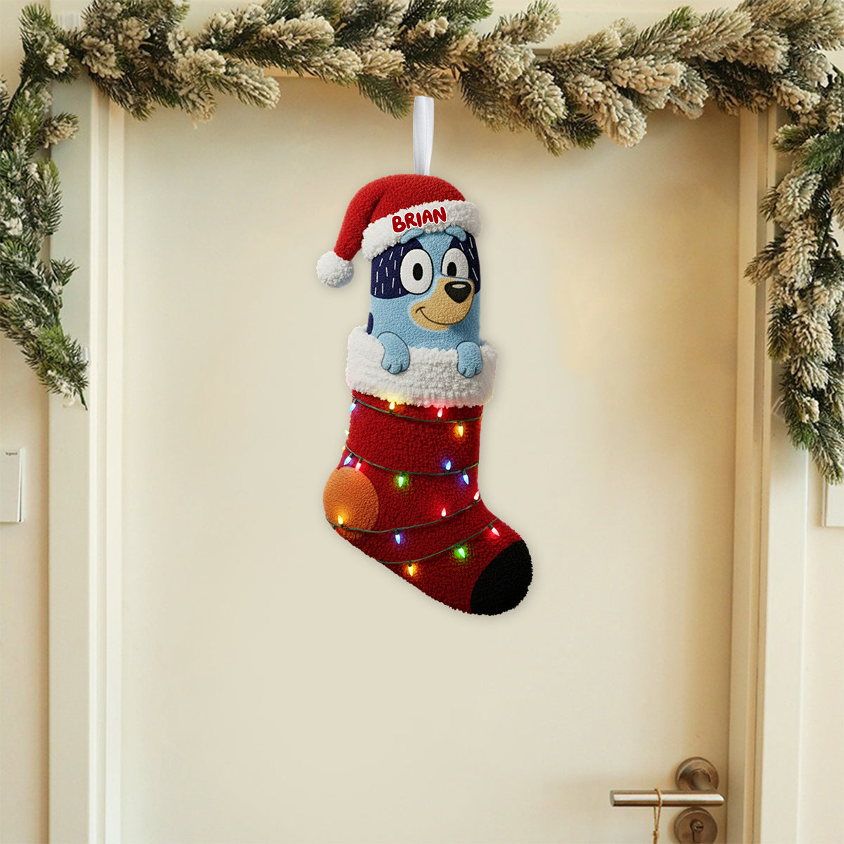 Rockin' Around The Christmas Tree - Personalized Blue Dog Shaped Christmas Stocking