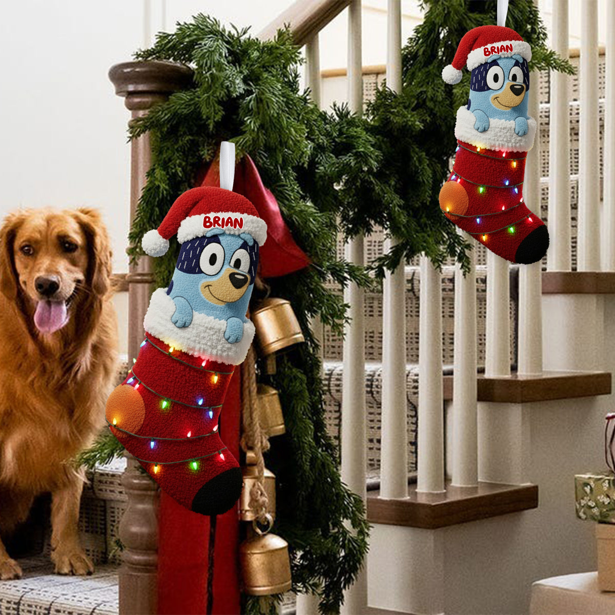 Rockin' Around The Christmas Tree - Personalized Blue Dog Shaped Christmas Stocking