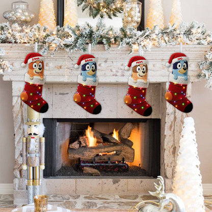 Rockin' Around The Christmas Tree - Personalized Blue Dog Shaped Christmas Stocking