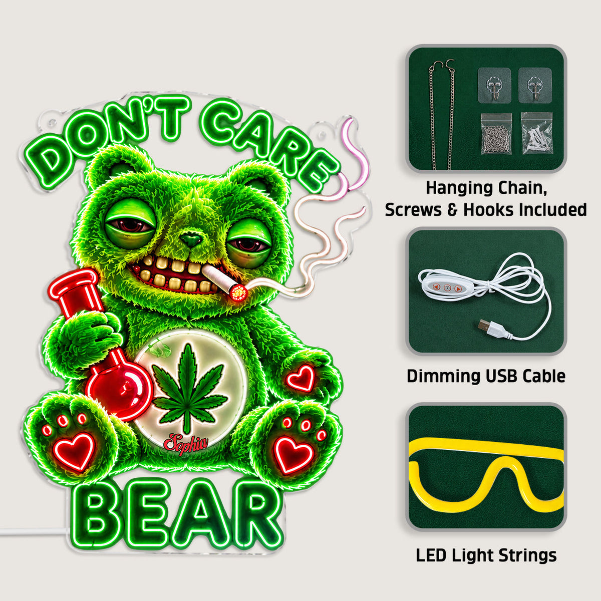 Don't Care Bear, Stoner Gift - Personalized Weed Neon LED Light Sign