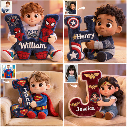Super Kid Letter - Personalized Superhero Faux Fur Shaped Pillow