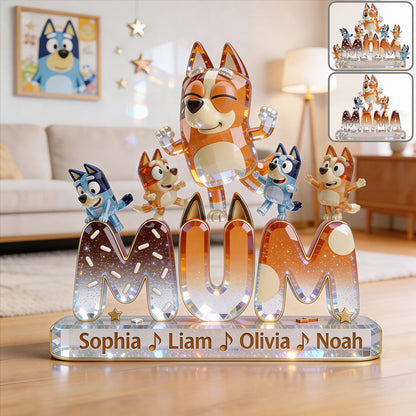 Dog Mom & Kids Dancing - Personalized Blue Dog Custom Shaped Acrylic Plaque
