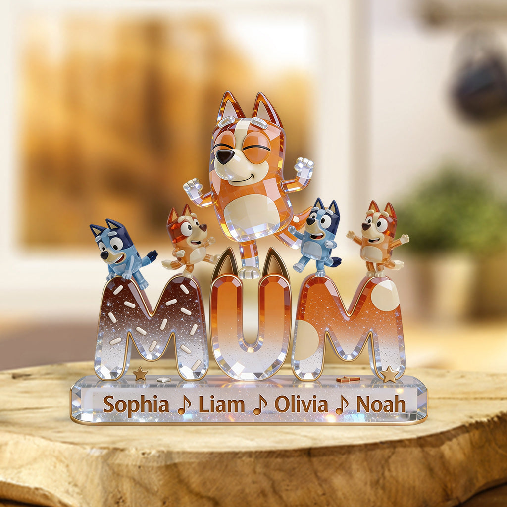 Dog Mom & Kids Dancing - Personalized Blue Dog Custom Shaped Acrylic Plaque
