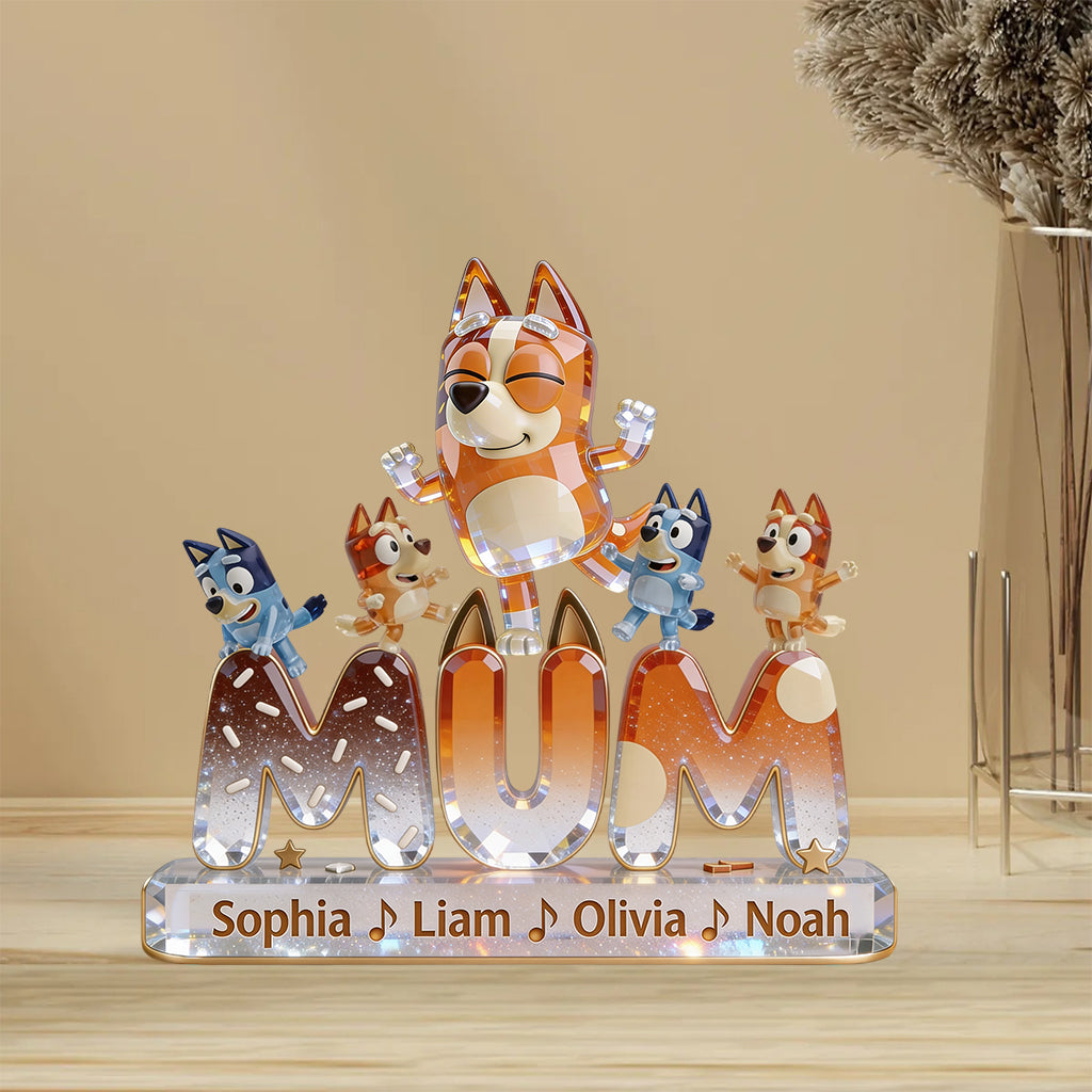 Dog Mom & Kids Dancing - Personalized Blue Dog Custom Shaped Acrylic Plaque