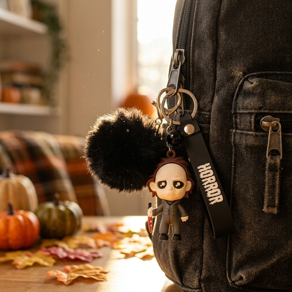 Horror Movie Figure Keychain with Plush & Bell