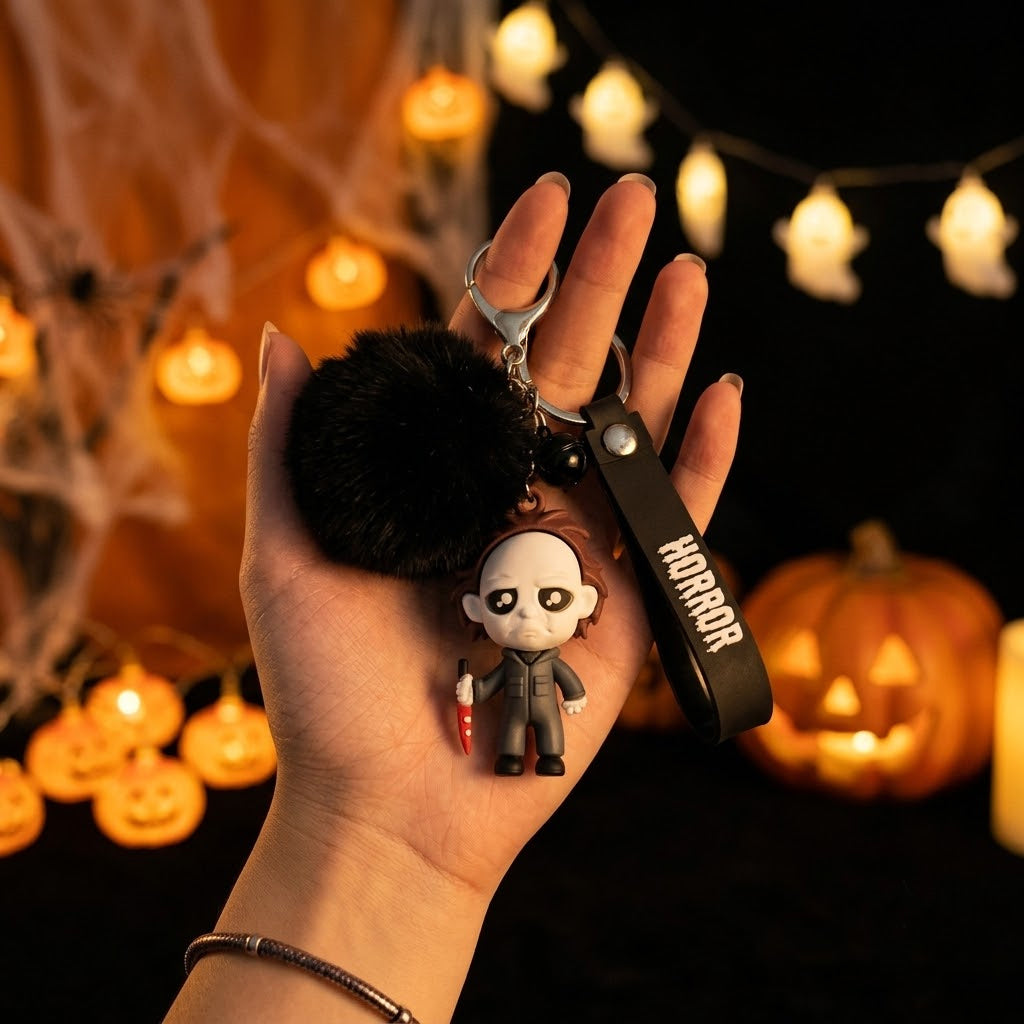 Horror Movie Figure Keychain with Plush & Bell