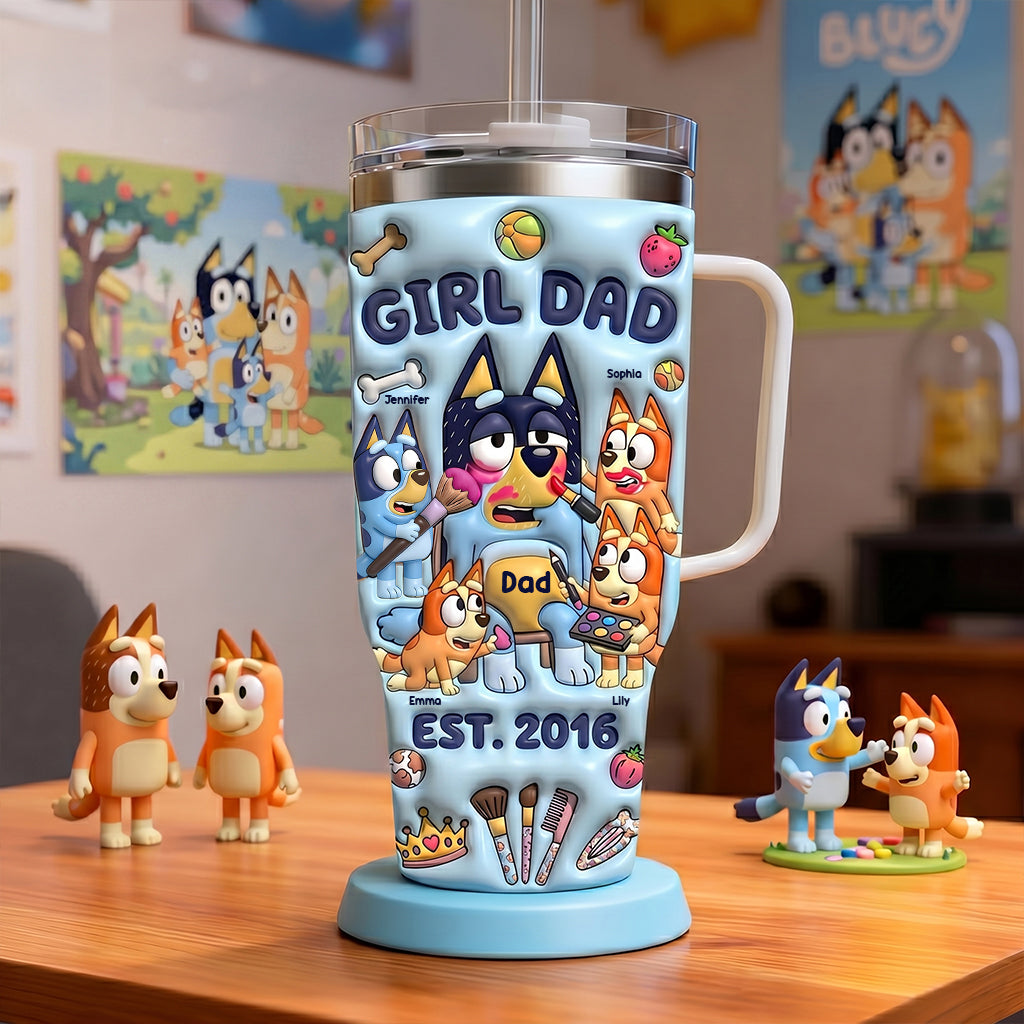 Custom Cartoon Dad - Personalized Blue Dog Tumbler With Handle