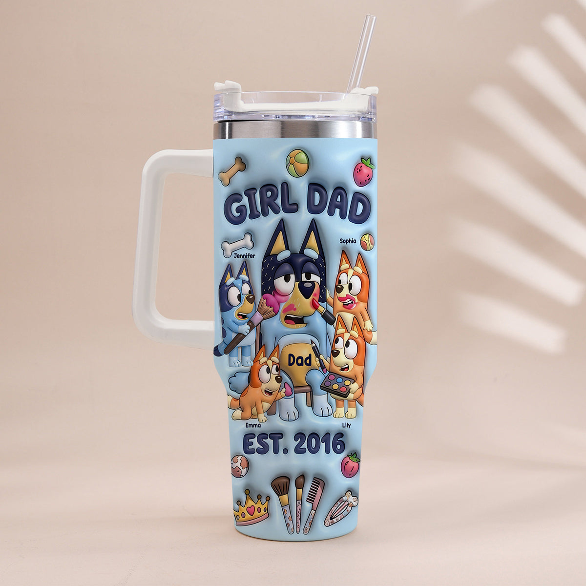 Custom Cartoon Dad - Personalized Blue Dog Tumbler With Handle
