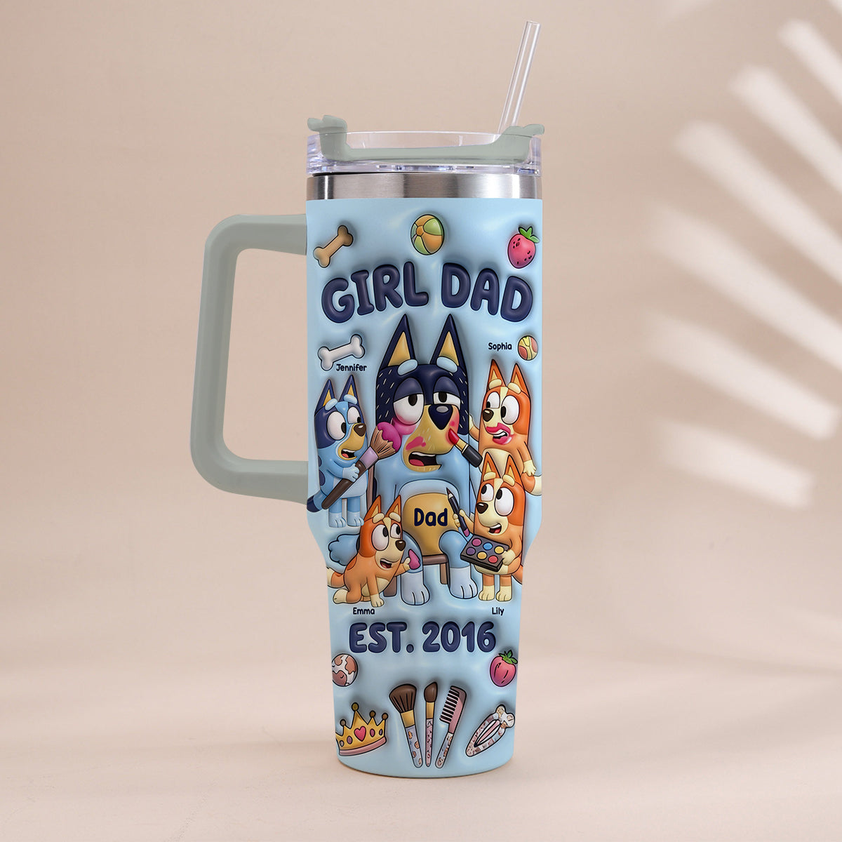 Custom Cartoon Dad - Personalized Blue Dog Tumbler With Handle