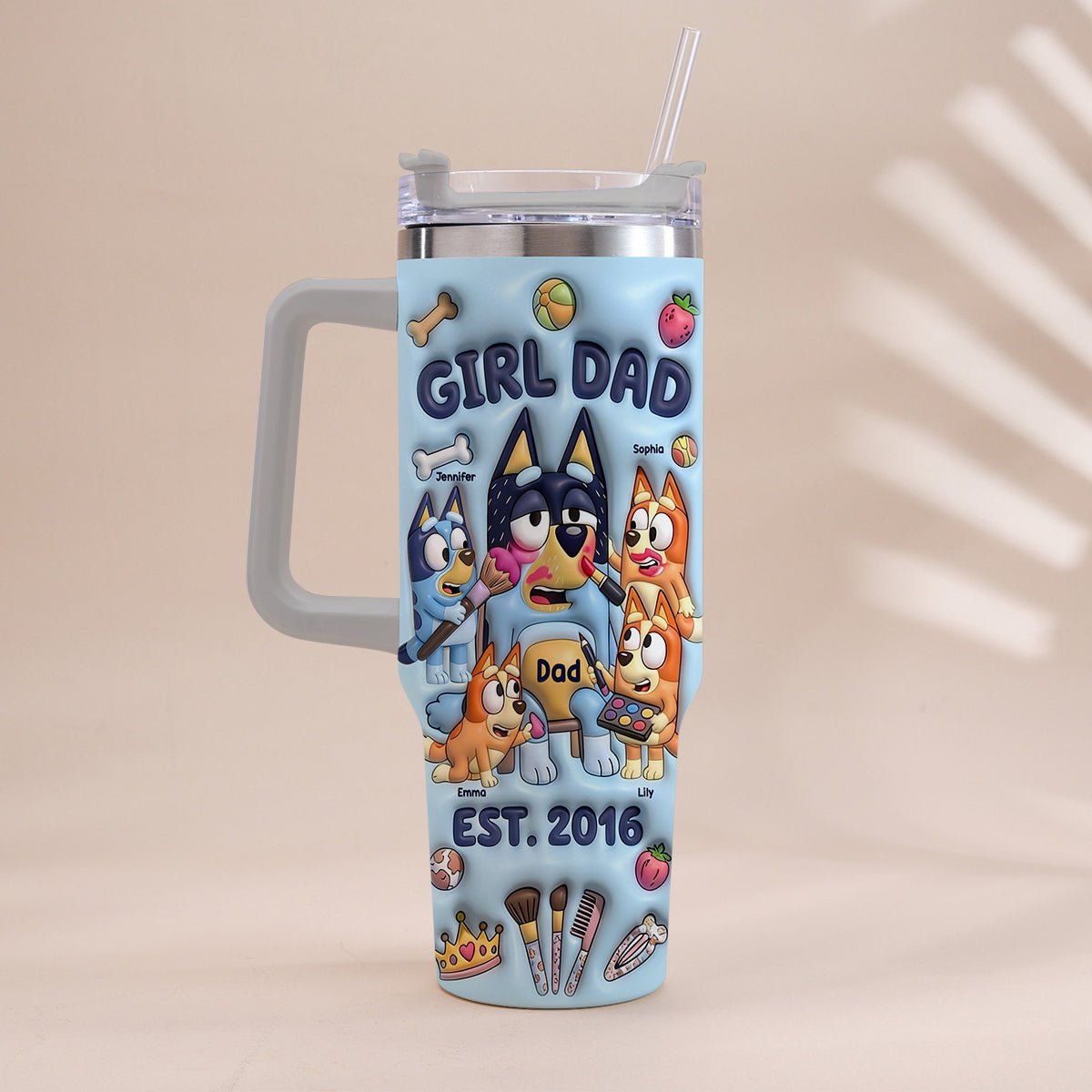 Custom Cartoon Dad - Personalized Blue Dog Tumbler With Handle